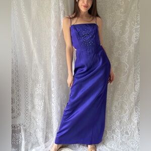Vintage Cobalt Blue Satin Maxi Dress Rhinestone Open Back Prom Dress